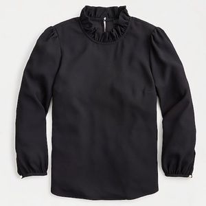 J. Crew Long-Sleeve Ruffle Neck Cotton Key-hole Blouse Top Women XXS NWT Black